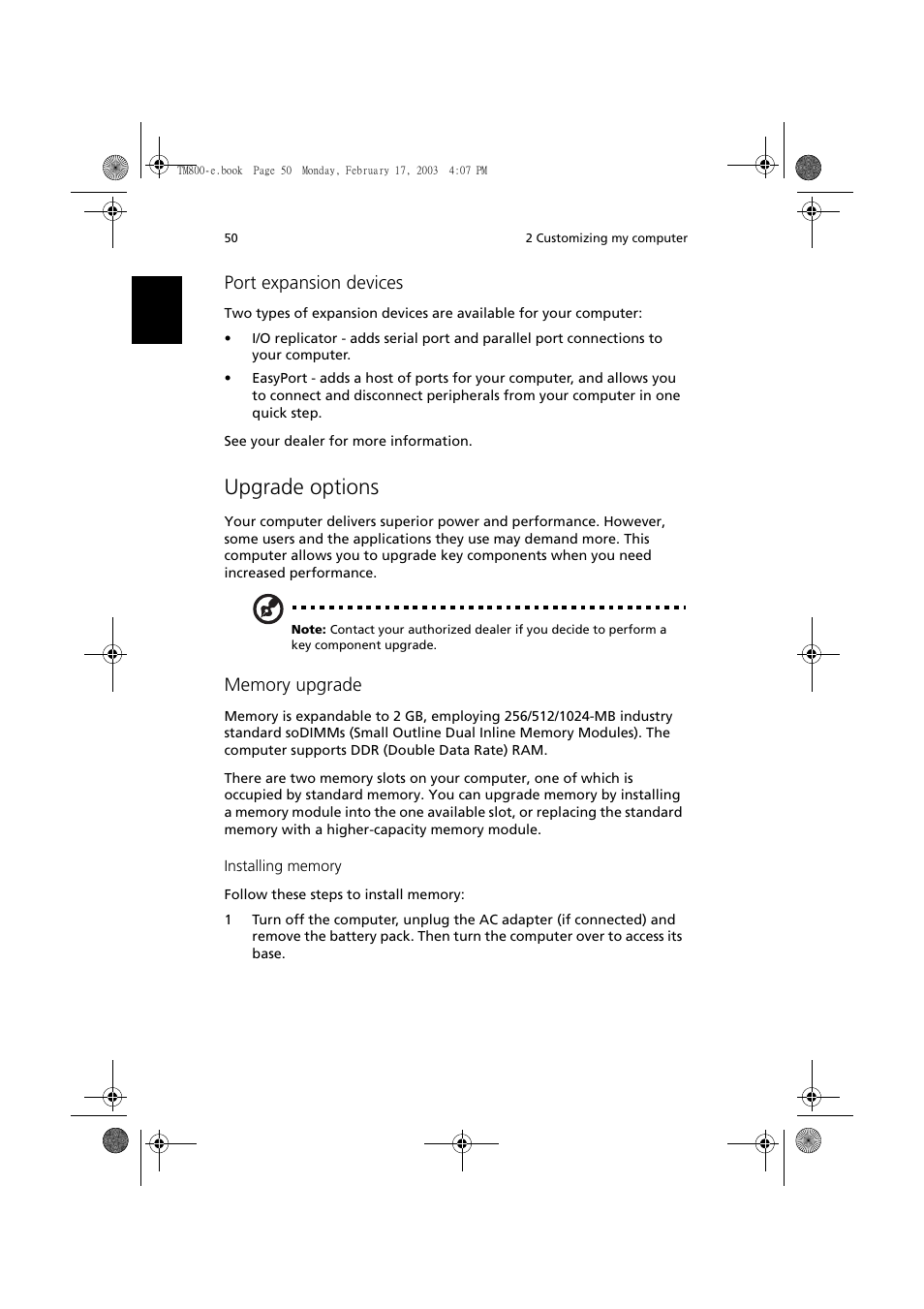 Upgrade options, Port expansion devices | Acer TravelMate 800 User Manual | Page 58 / 90