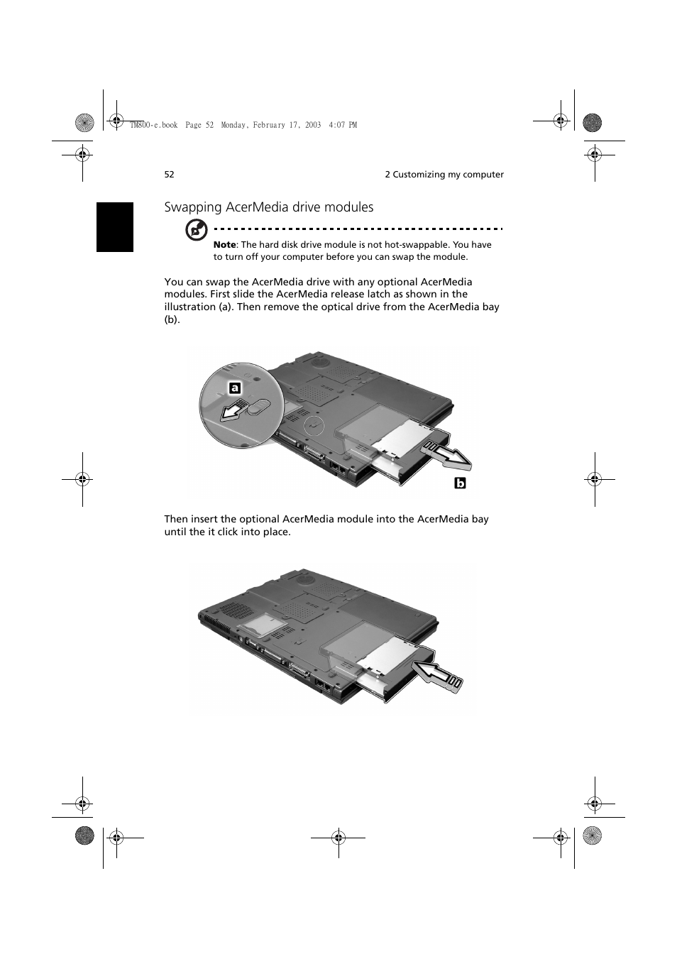 Swapping acermedia drive modules | Acer TravelMate 800 User Manual | Page 60 / 90