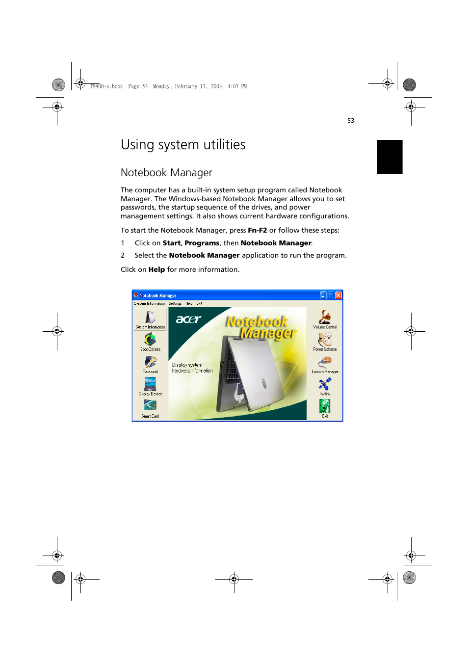 Using system utilities, Notebook manager | Acer TravelMate 800 User Manual | Page 61 / 90