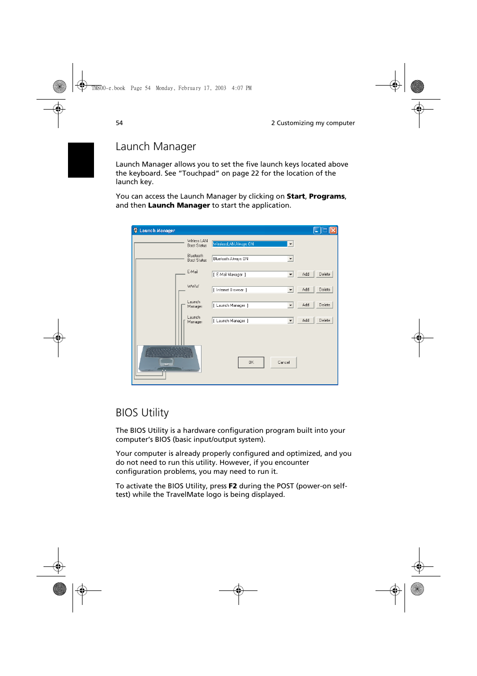 Launch manager, Bios utility | Acer TravelMate 800 User Manual | Page 62 / 90