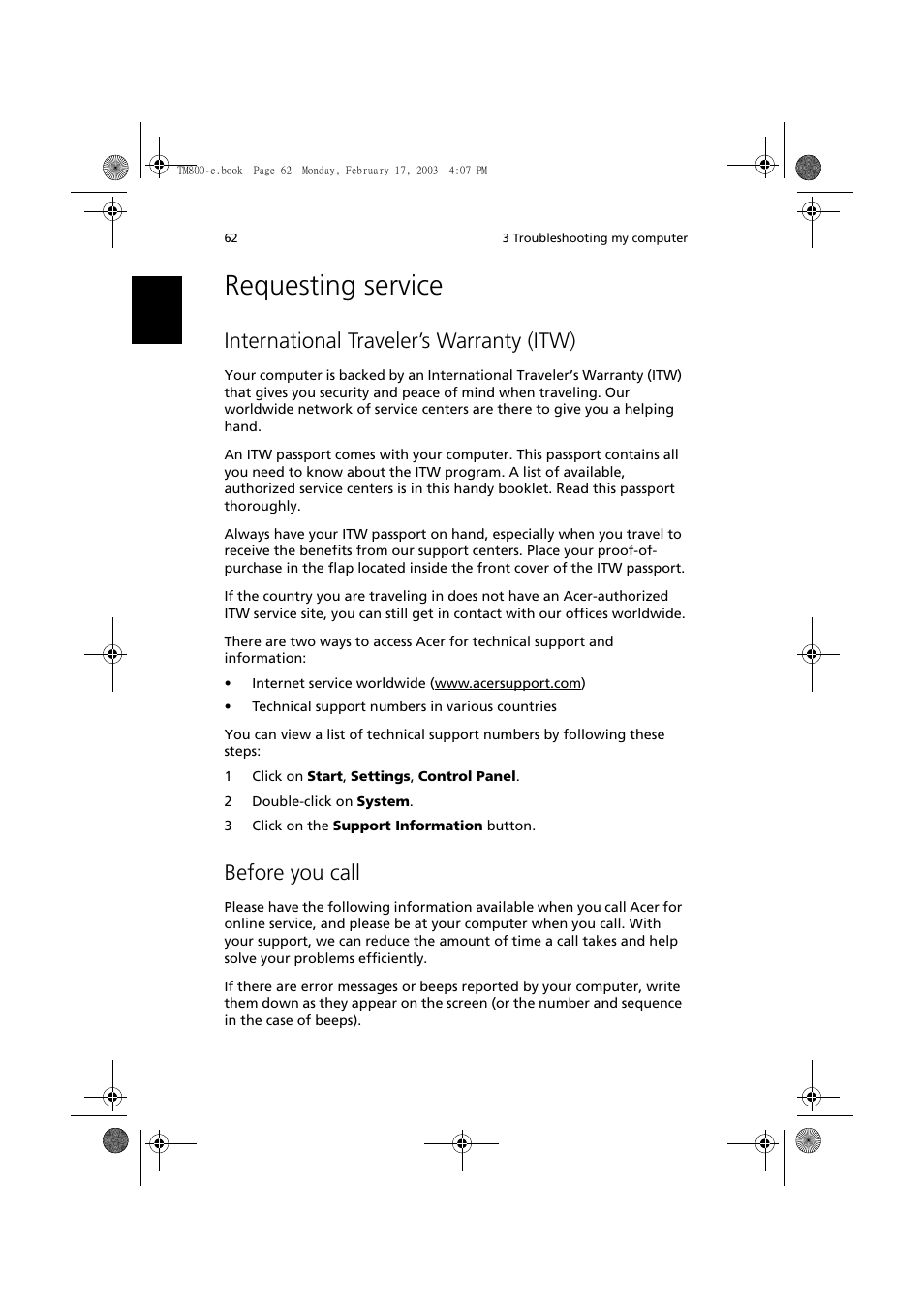 Requesting service, International traveler’s warranty (itw), Before you call | Acer TravelMate 800 User Manual | Page 70 / 90