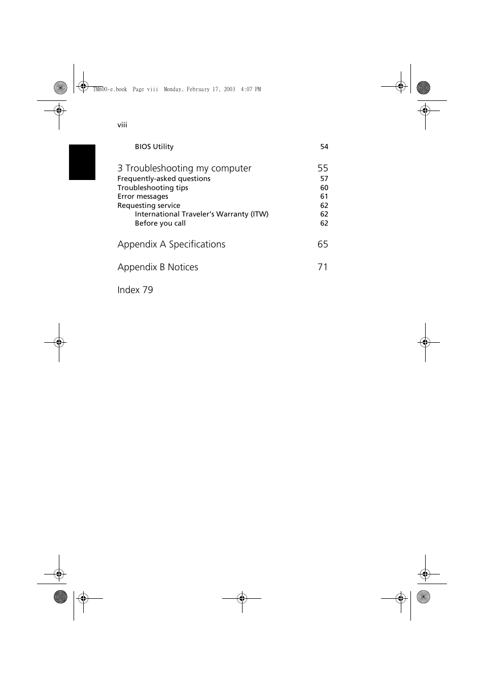 3 troubleshooting my computer 55 | Acer TravelMate 800 User Manual | Page 8 / 90