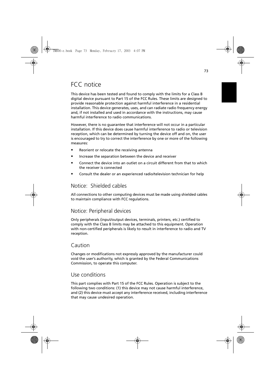 Fcc notice, Notice: shielded cables, Notice: peripheral devices | Caution, Use conditions | Acer TravelMate 800 User Manual | Page 81 / 90