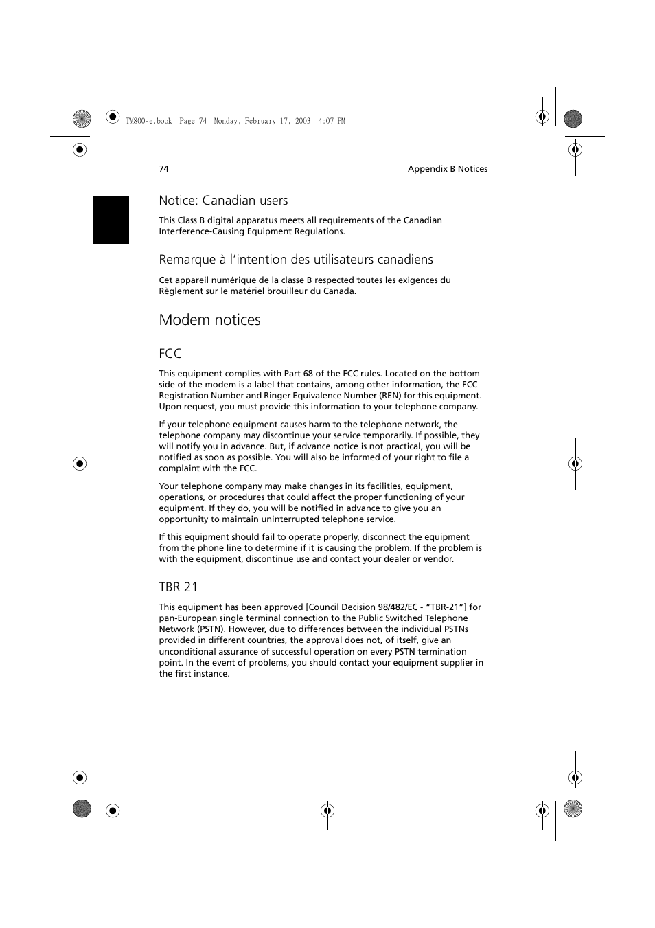 Modem notices, Notice: canadian users, Remarque à l’intention des utilisateurs canadiens | Tbr 21 | Acer TravelMate 800 User Manual | Page 82 / 90