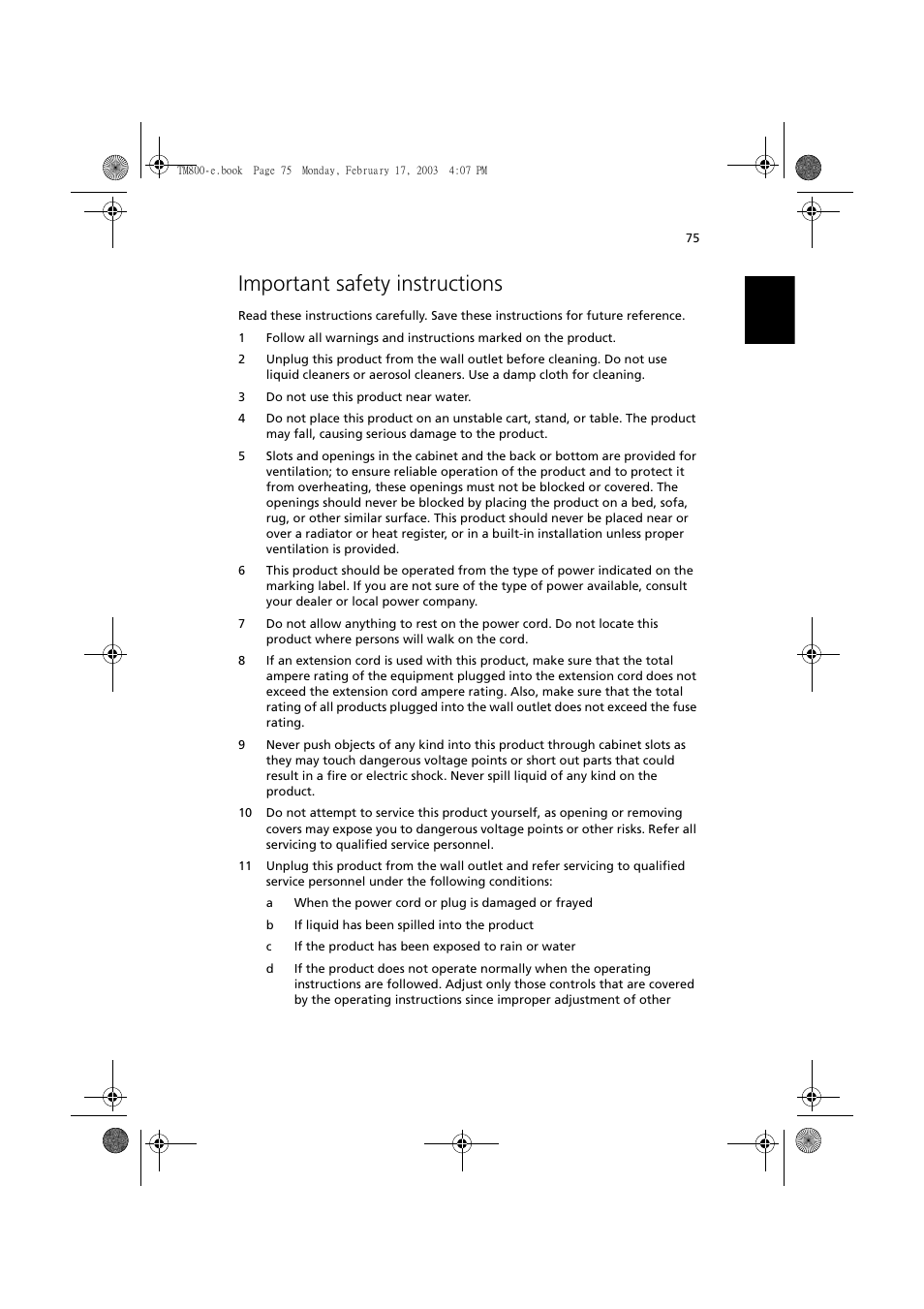 Important safety instructions | Acer TravelMate 800 User Manual | Page 83 / 90