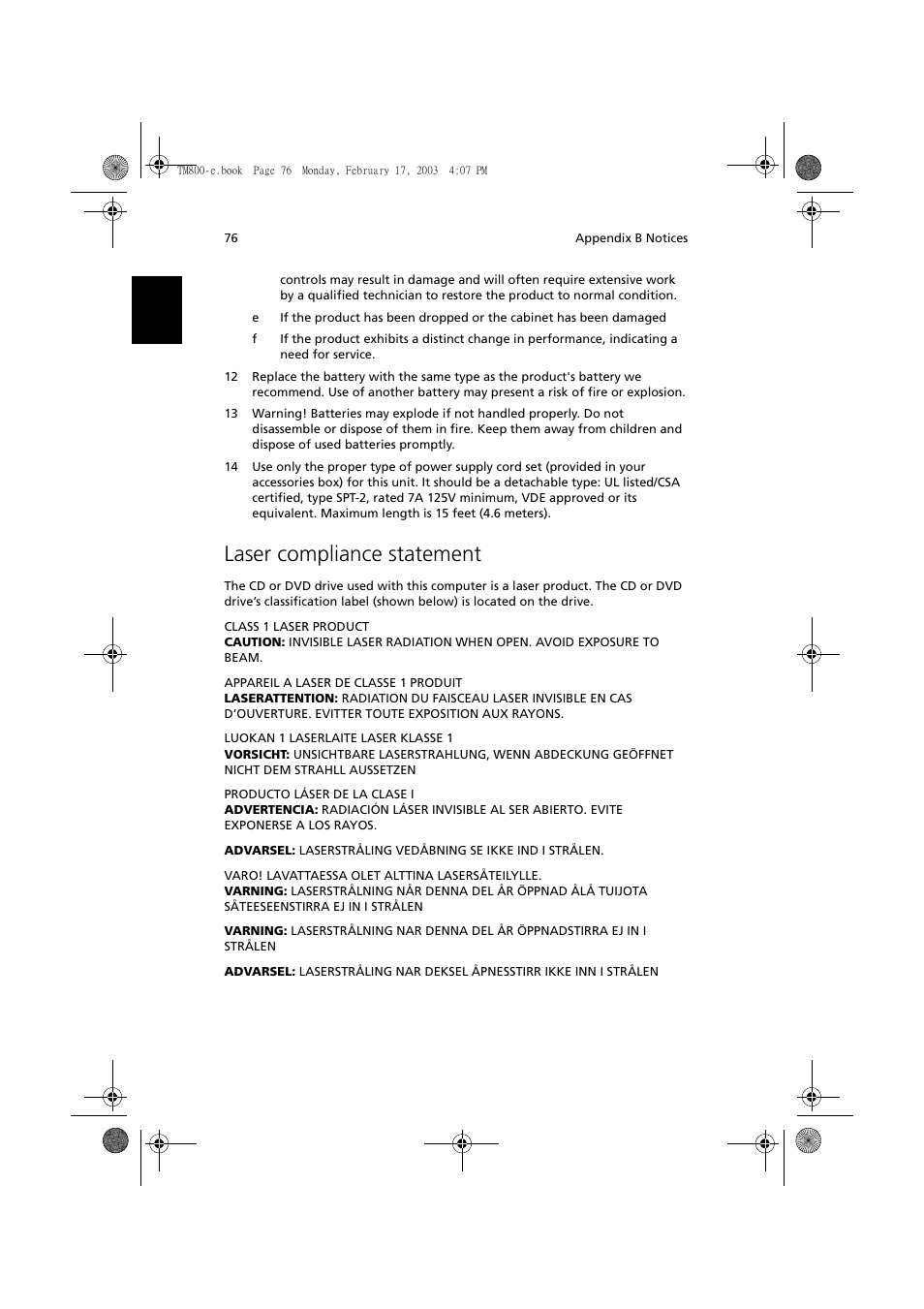 Laser compliance statement | Acer TravelMate 800 User Manual | Page 84 / 90