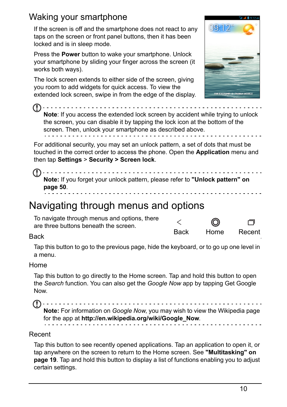 Waking your smartphone, Navigating through menus and options | Acer Z130 User Manual | Page 10 / 65