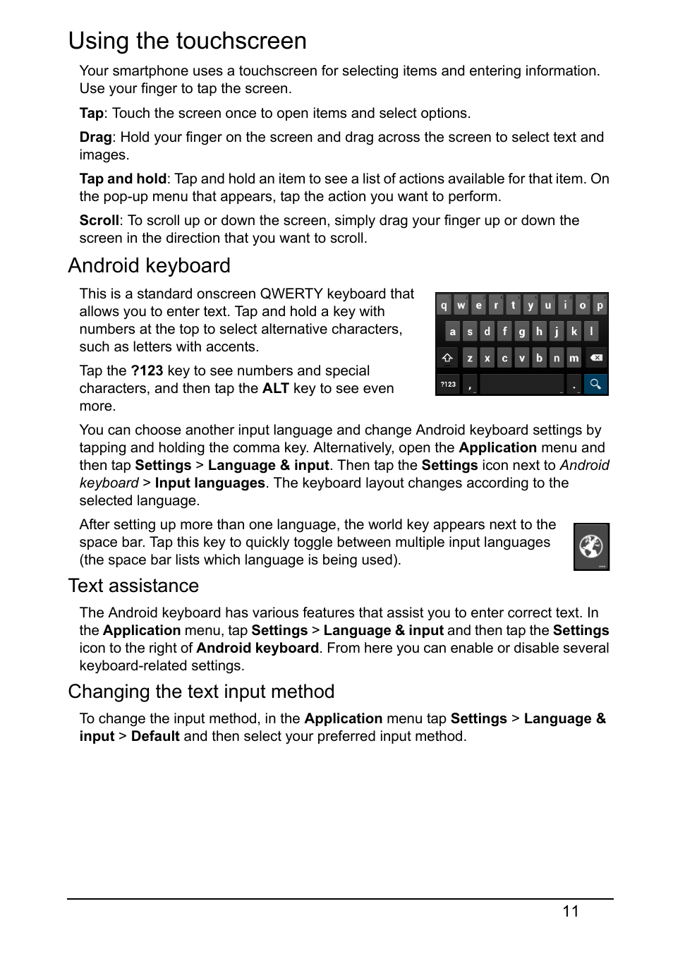Using the touchscreen, Android keyboard | Acer Z130 User Manual | Page 11 / 65