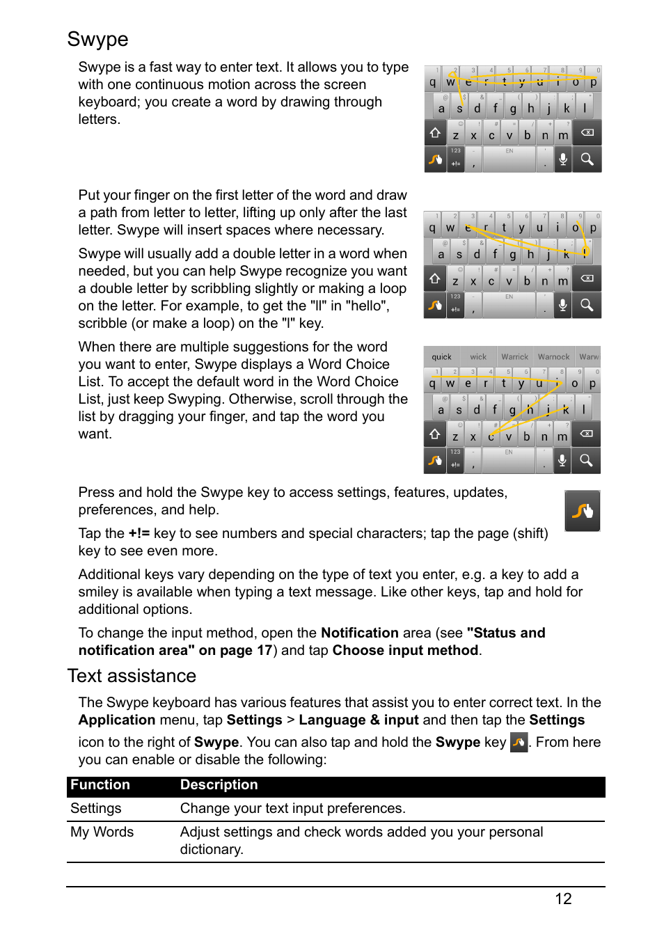 Swype, Text assistance | Acer Z130 User Manual | Page 12 / 65