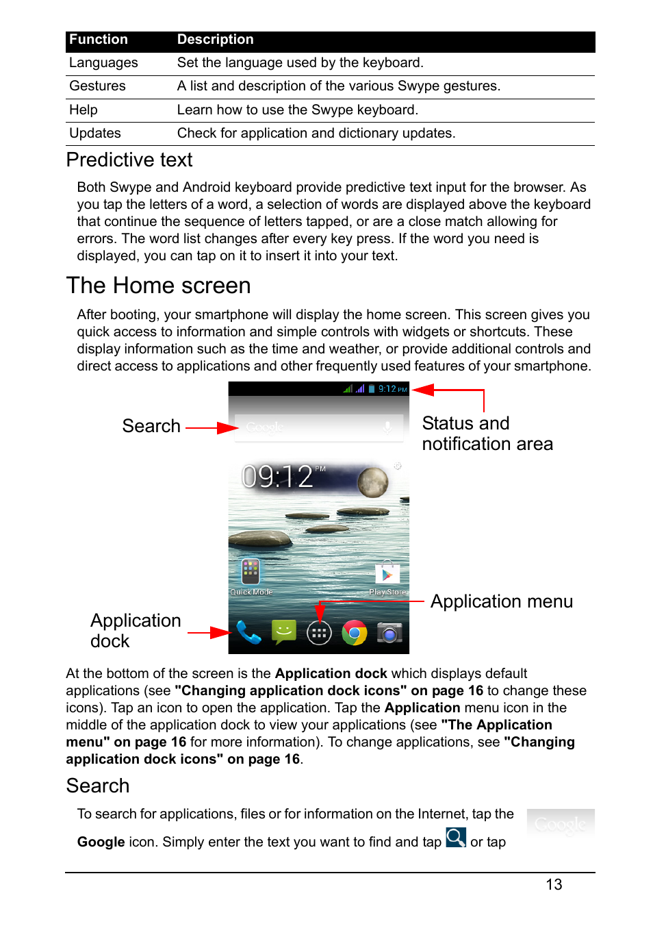 Predictive text, The home screen, Search | Acer Z130 User Manual | Page 13 / 65