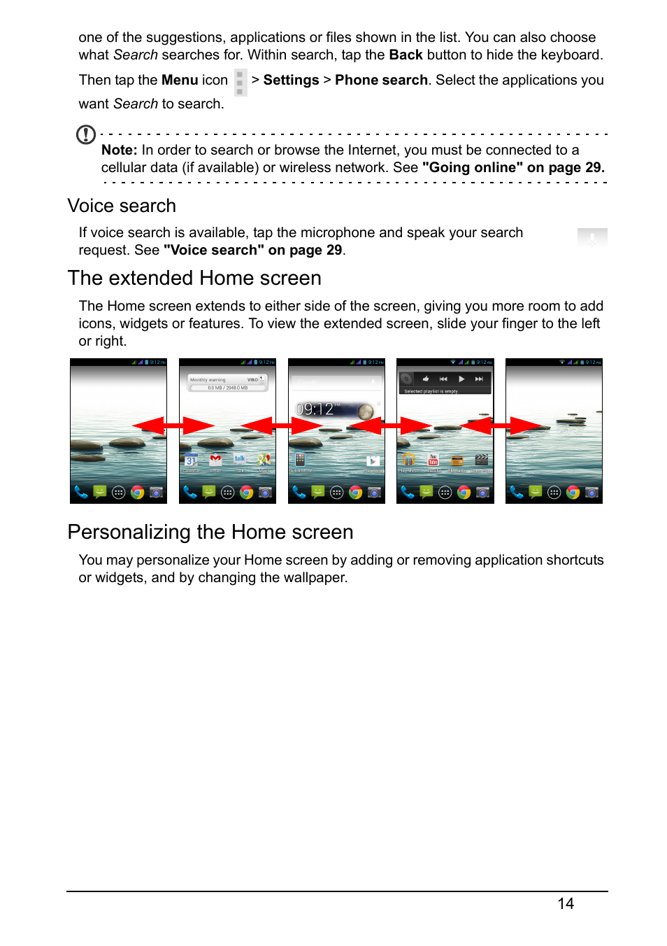 The extended home screen, Personalizing the home screen, Voice search | Acer Z130 User Manual | Page 14 / 65