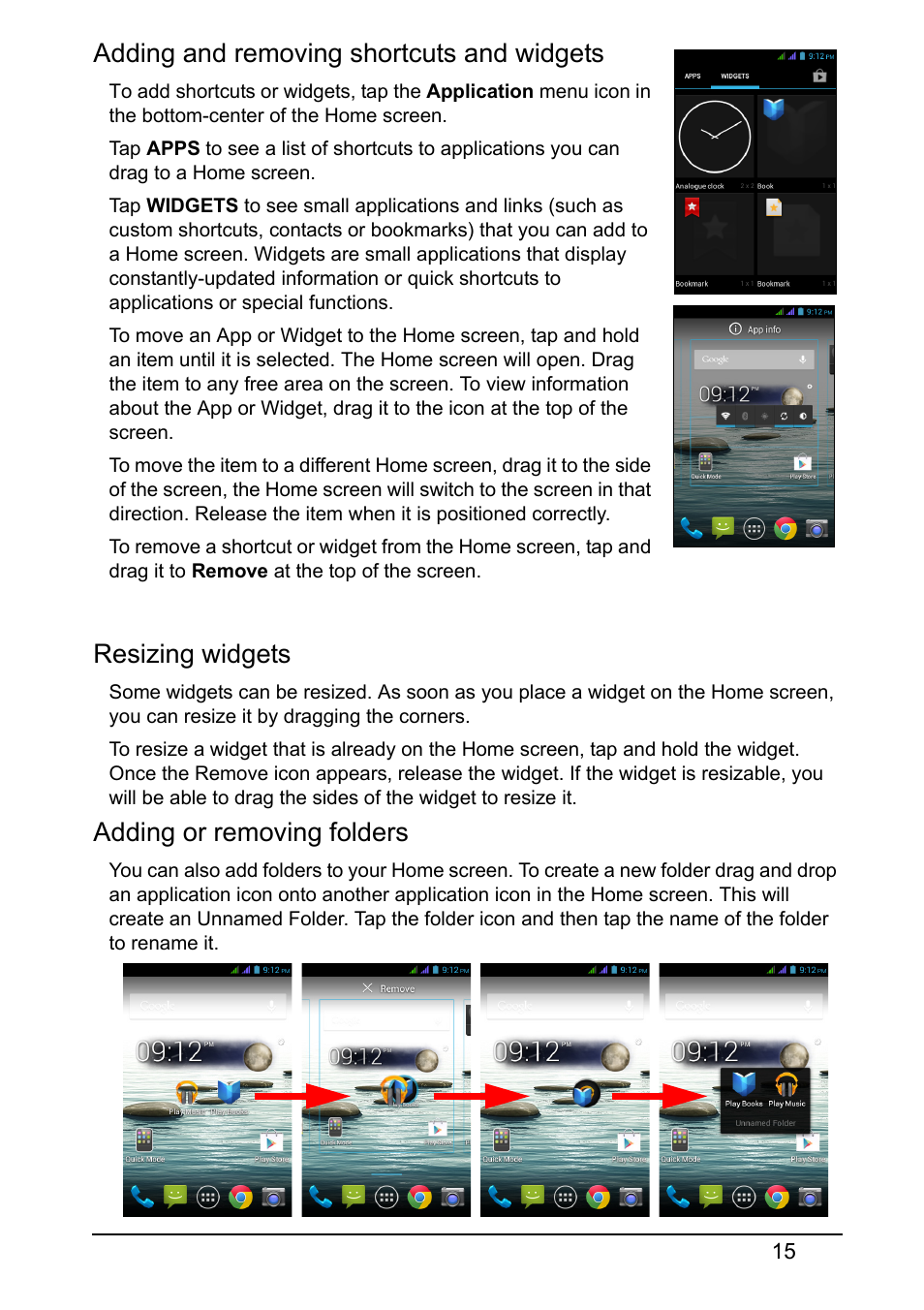 Adding and removing shortcuts and widgets, Resizing widgets, Adding or removing folders | Acer Z130 User Manual | Page 15 / 65