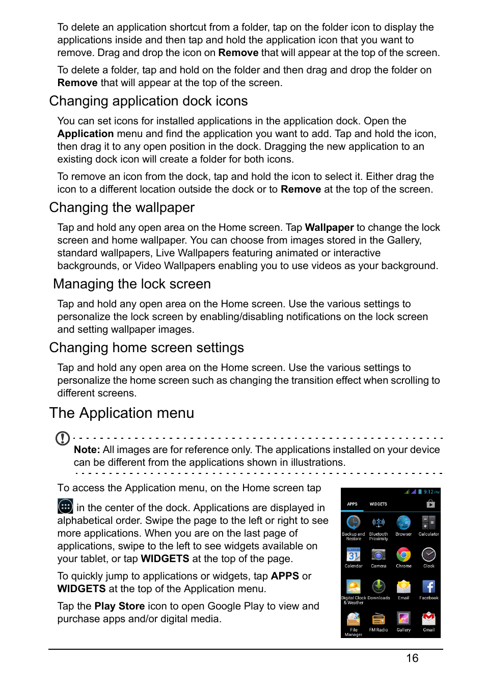 The application menu, Changing application dock icons, Changing the wallpaper | Managing the lock screen, Changing home screen settings | Acer Z130 User Manual | Page 16 / 65