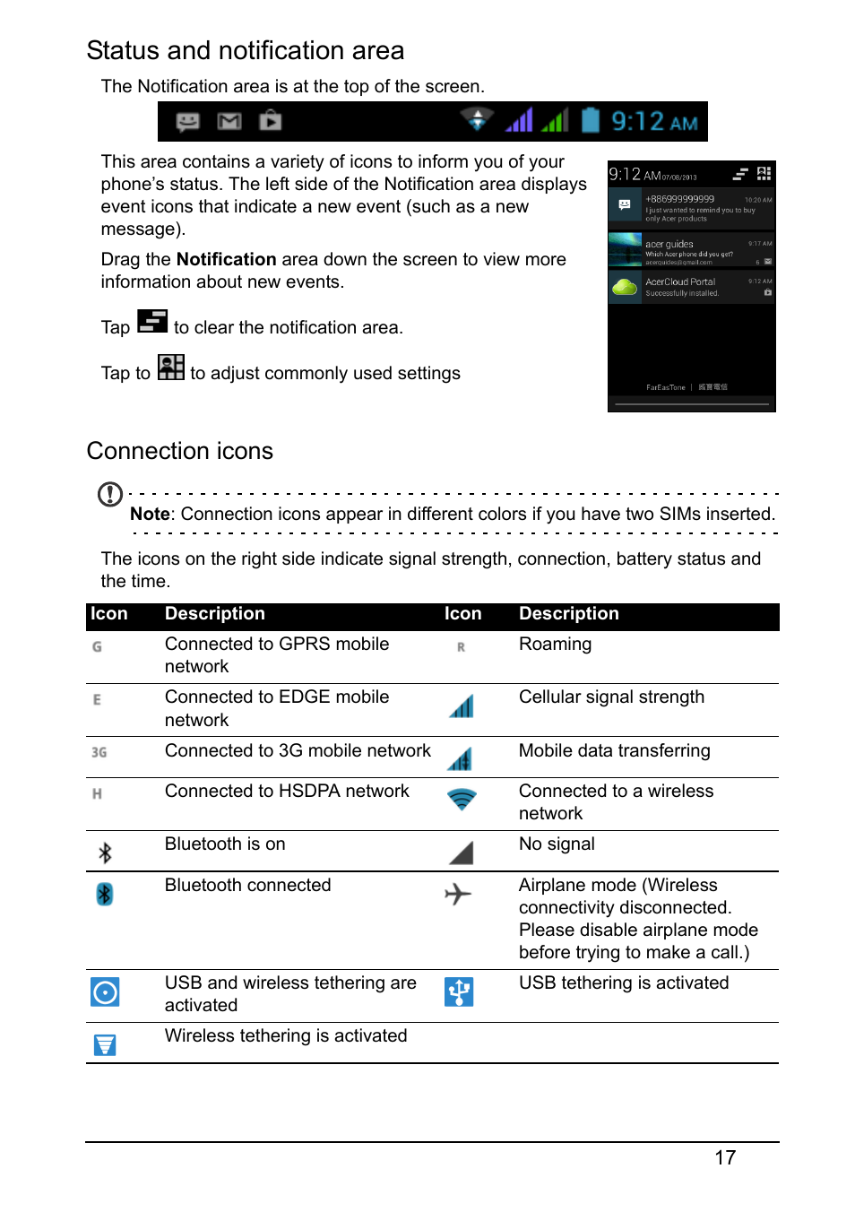 Status and notification area, Connection icons | Acer Z130 User Manual | Page 17 / 65