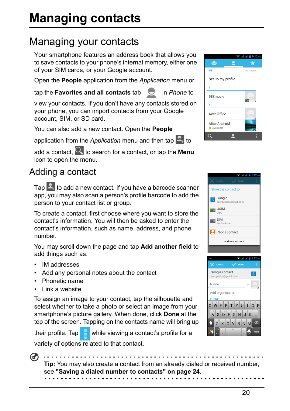 Managing contacts, Managing your contacts, Adding a contact | Acer Z130 User Manual | Page 20 / 65