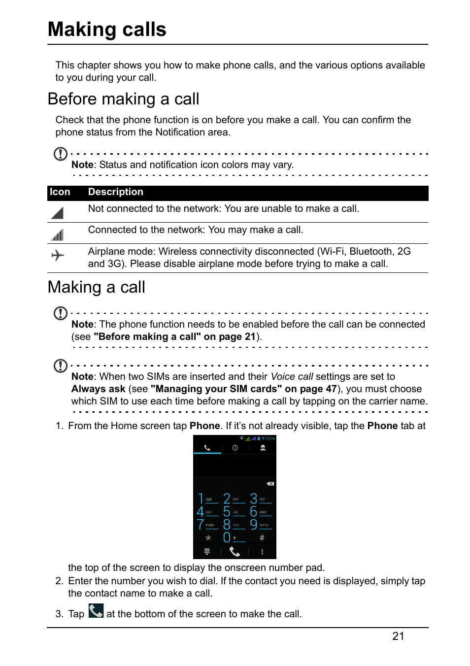 Making calls, Before making a call, Making a call | Before making a call making a call | Acer Z130 User Manual | Page 21 / 65