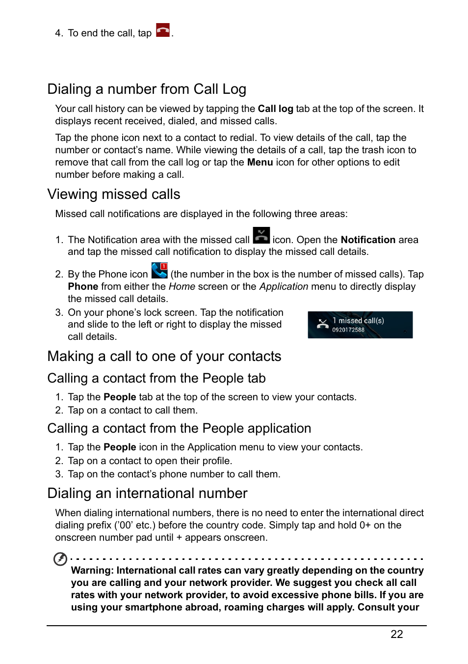 Dialing a number from call log, Viewing missed calls, Making a call to one of your contacts | Dialing an international number, Calling a contact from the people tab, Calling a contact from the people application | Acer Z130 User Manual | Page 22 / 65