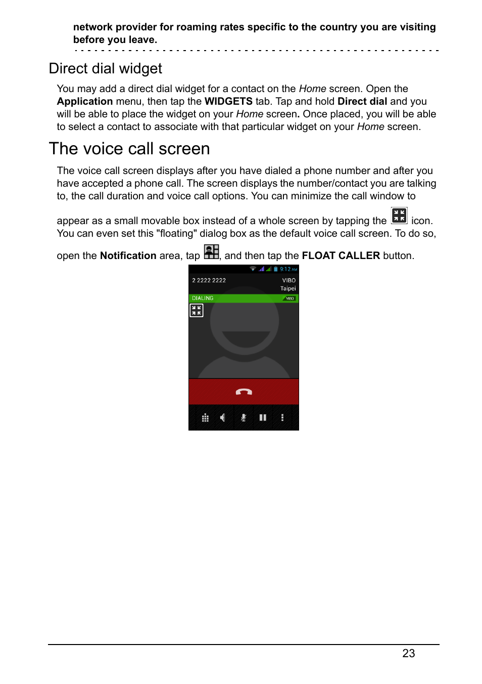 Direct dial widget, The voice call screen | Acer Z130 User Manual | Page 23 / 65