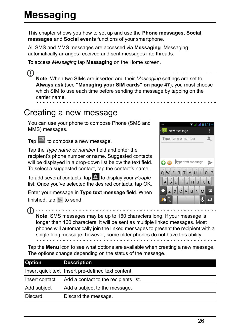 Messaging, Creating a new message | Acer Z130 User Manual | Page 26 / 65