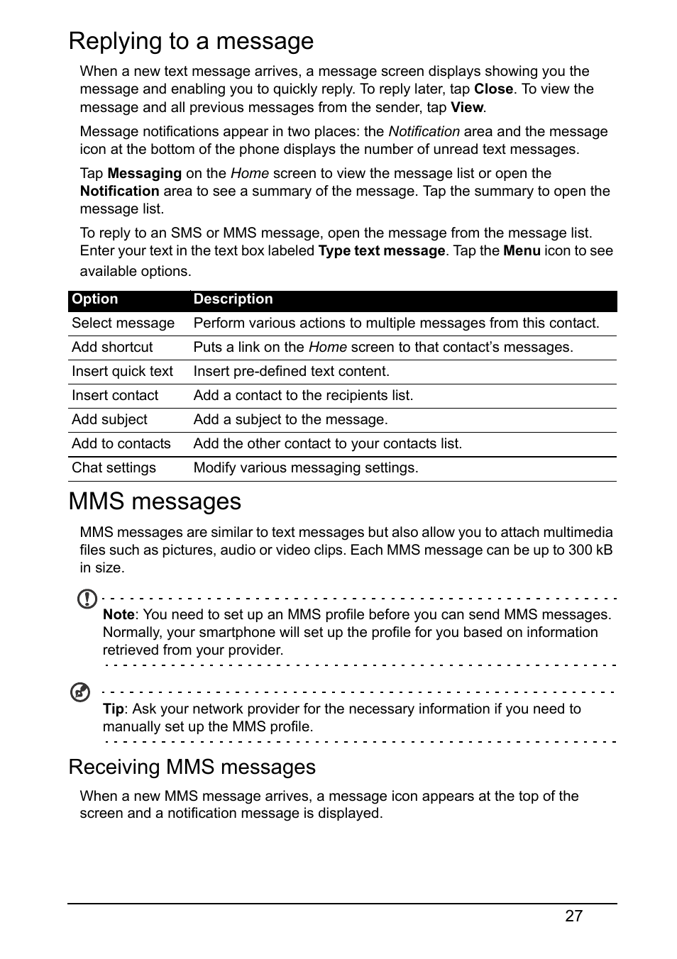 Replying to a message, Mms messages, Receiving mms messages | Replying to a message mms messages | Acer Z130 User Manual | Page 27 / 65