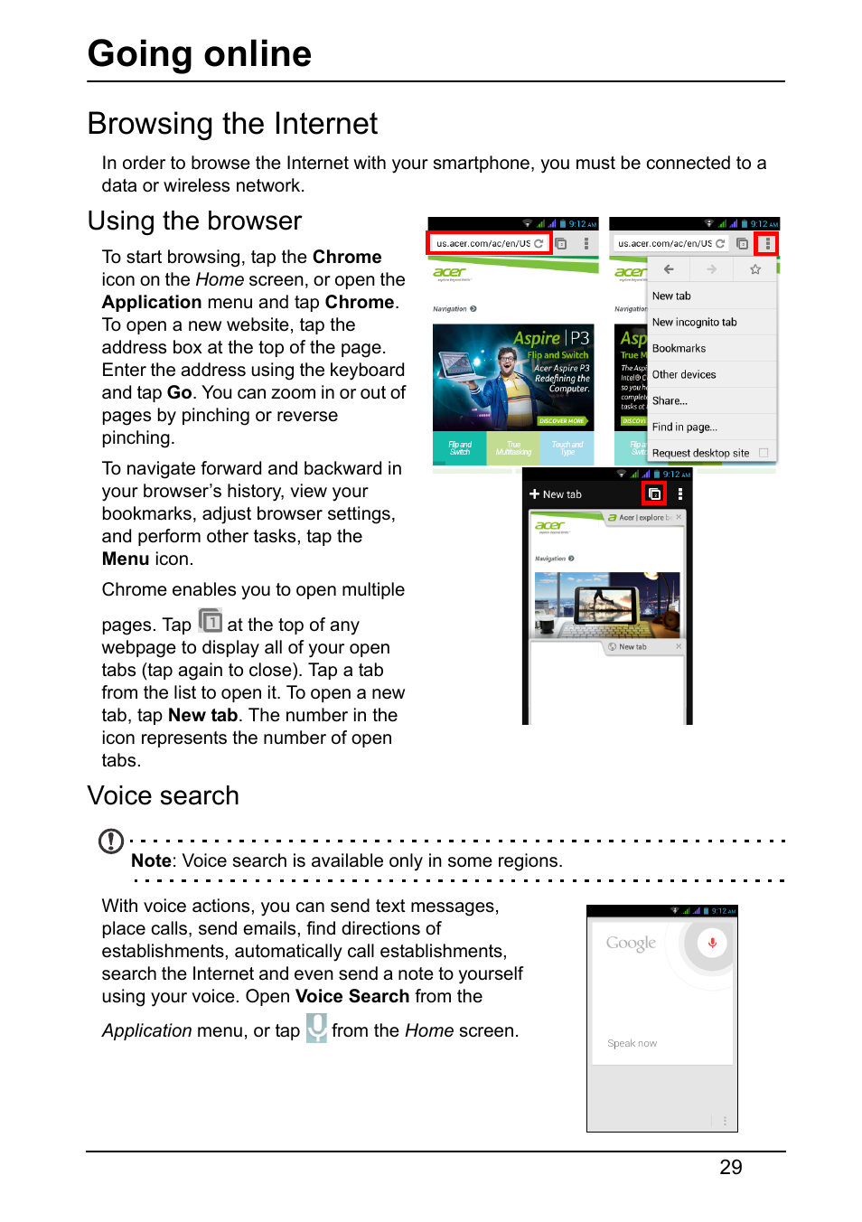 Going online, Browsing the internet, Using the browser | Voice search | Acer Z130 User Manual | Page 29 / 65