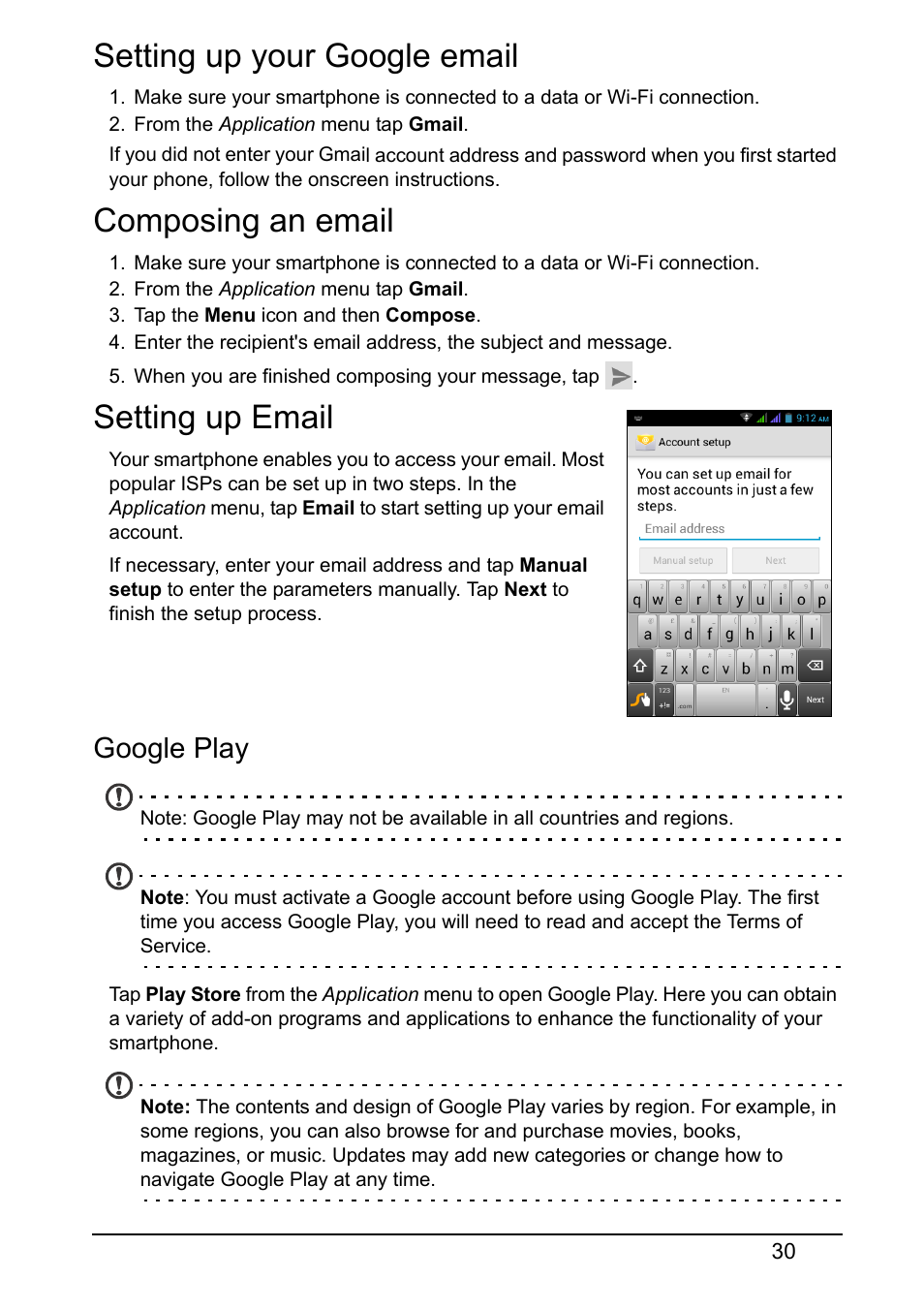 Setting up your google email, Composing an email, Setting up email | Google play | Acer Z130 User Manual | Page 30 / 65