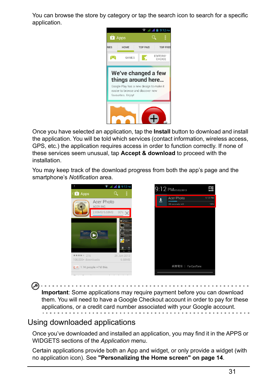 Using downloaded applications | Acer Z130 User Manual | Page 31 / 65