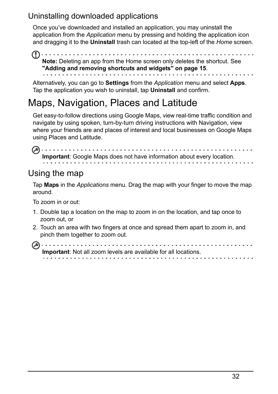 Maps, navigation, places and latitude, Using the map, Uninstalling downloaded applications | Acer Z130 User Manual | Page 32 / 65