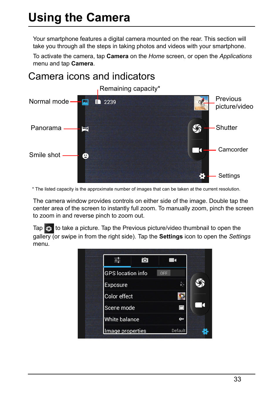 Using the camera, Camera icons and indicators | Acer Z130 User Manual | Page 33 / 65