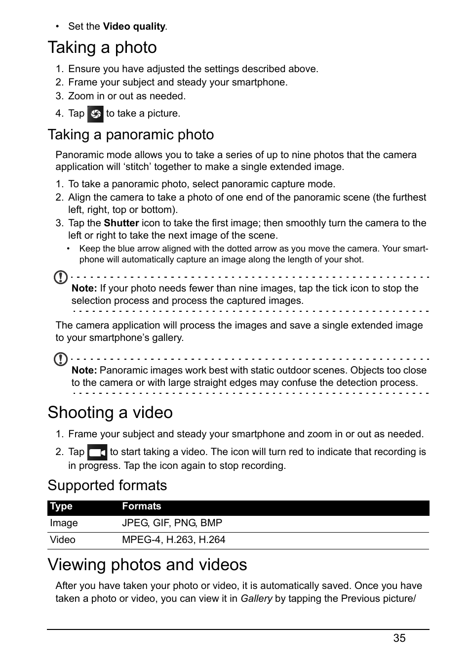 Taking a photo, Taking a panoramic photo, Shooting a video | Supported formats, Viewing photos and videos | Acer Z130 User Manual | Page 35 / 65