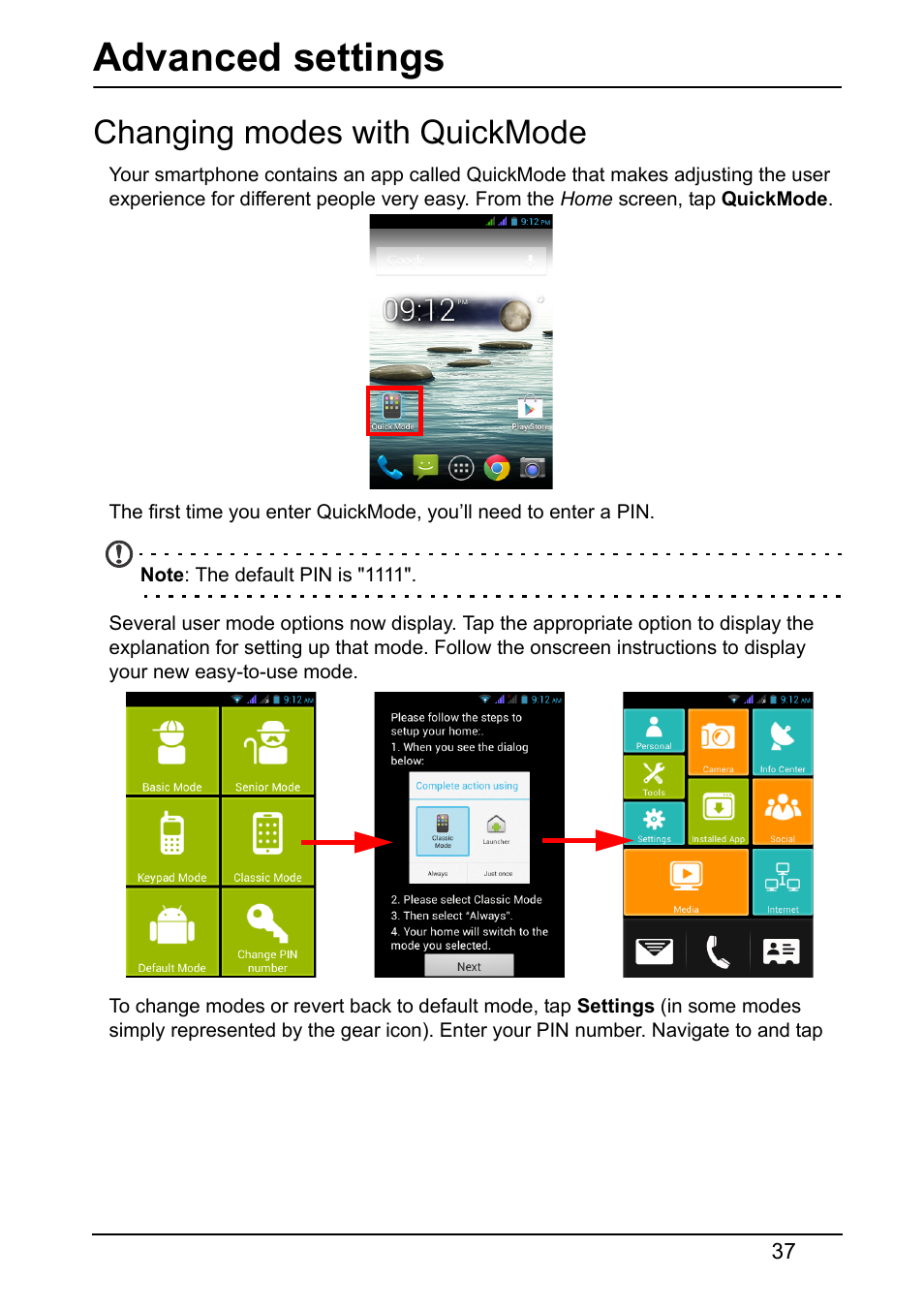 Advanced settings, Changing modes with quickmode | Acer Z130 User Manual | Page 37 / 65