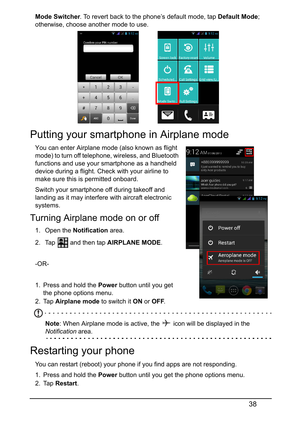 Putting your smartphone in airplane mode, Turning airplane mode on or off, Restarting your phone | Acer Z130 User Manual | Page 38 / 65