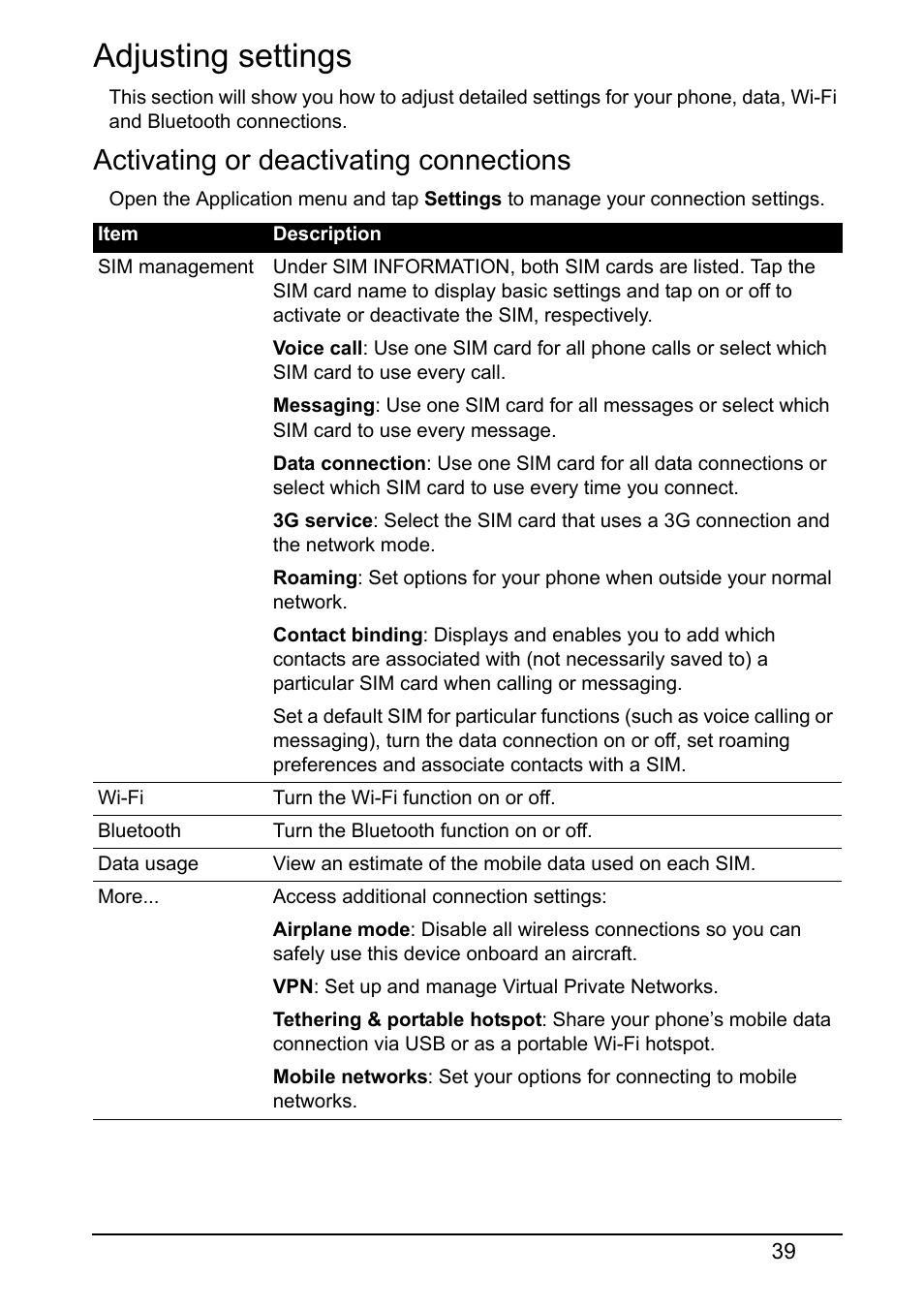 Adjusting settings, Activating or deactivating connections | Acer Z130 User Manual | Page 39 / 65