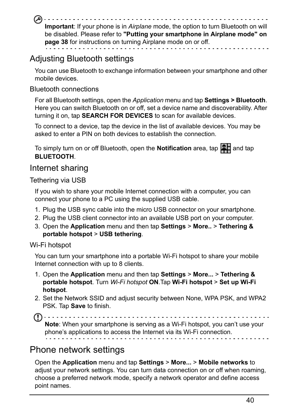 Phone network settings, Adjusting bluetooth settings, Internet sharing | Acer Z130 User Manual | Page 40 / 65