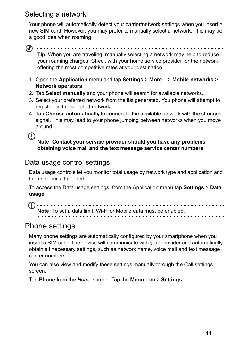 Phone settings, Selecting a network, Data usage control settings | Acer Z130 User Manual | Page 41 / 65