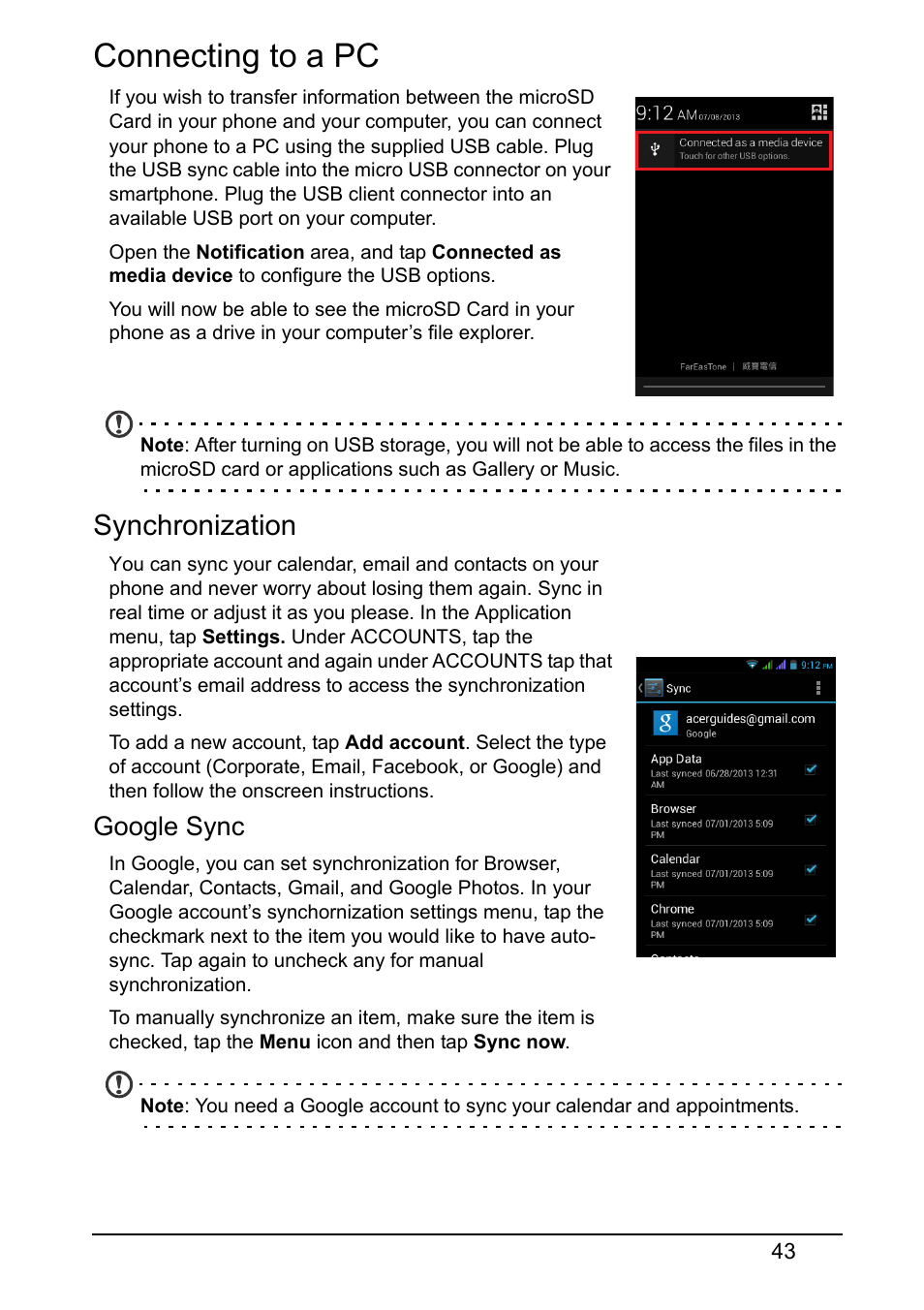 Connecting to a pc, Synchronization, Google sync | Acer Z130 User Manual | Page 43 / 65