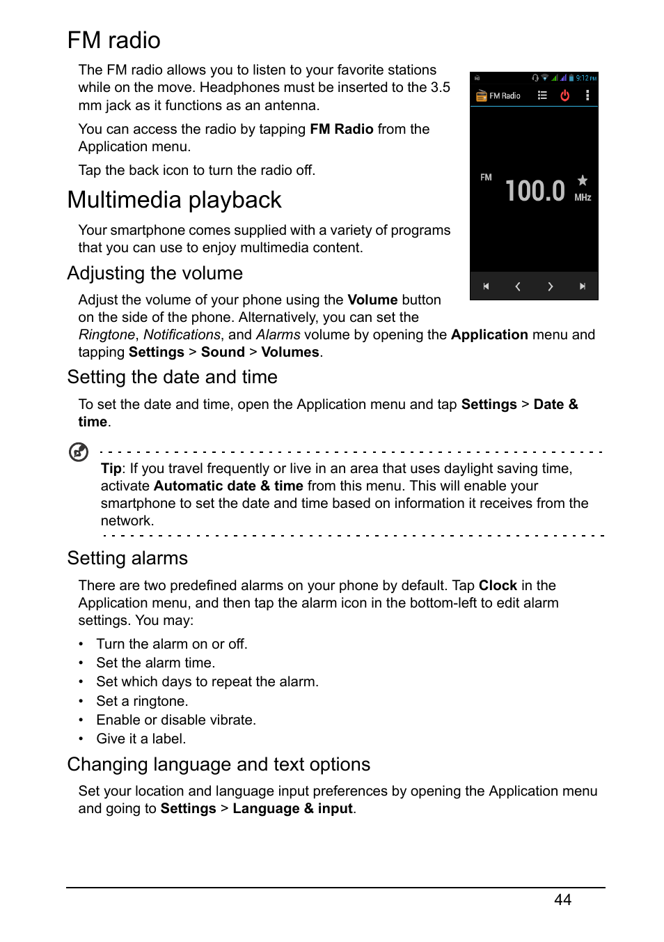 Fm radio, Multimedia playback, Fm radio multimedia playback | Acer Z130 User Manual | Page 44 / 65