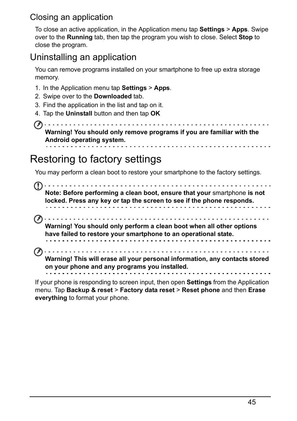 Uninstalling an application, Restoring to factory settings, Closing an application | Acer Z130 User Manual | Page 45 / 65