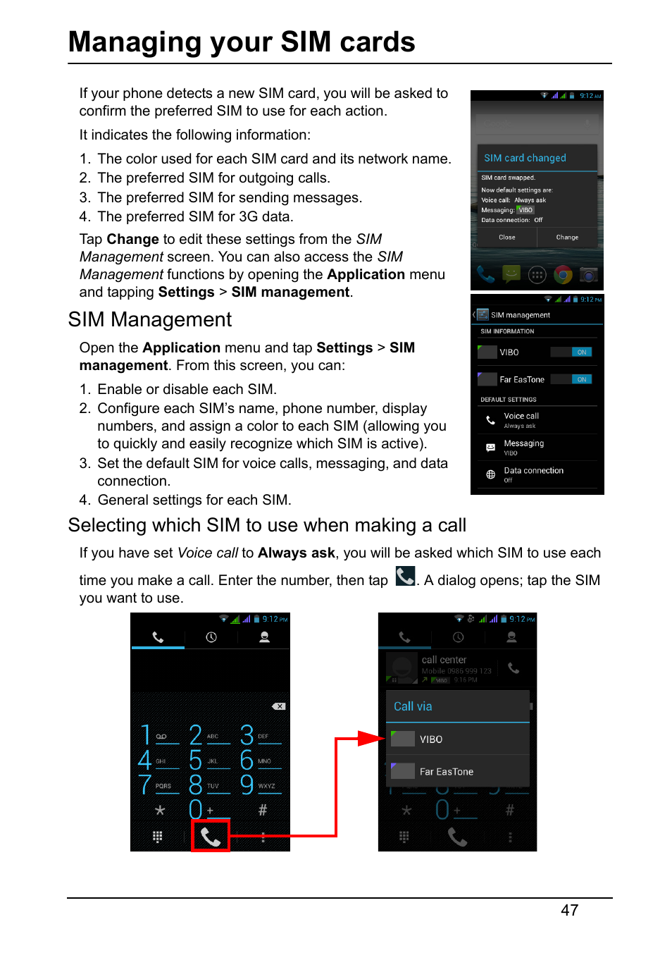 Managing your sim cards, Sim management, Selecting which sim to use when making a call | Acer Z130 User Manual | Page 47 / 65
