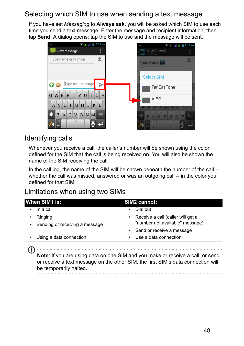 Identifying calls, Limitations when using two sims | Acer Z130 User Manual | Page 48 / 65