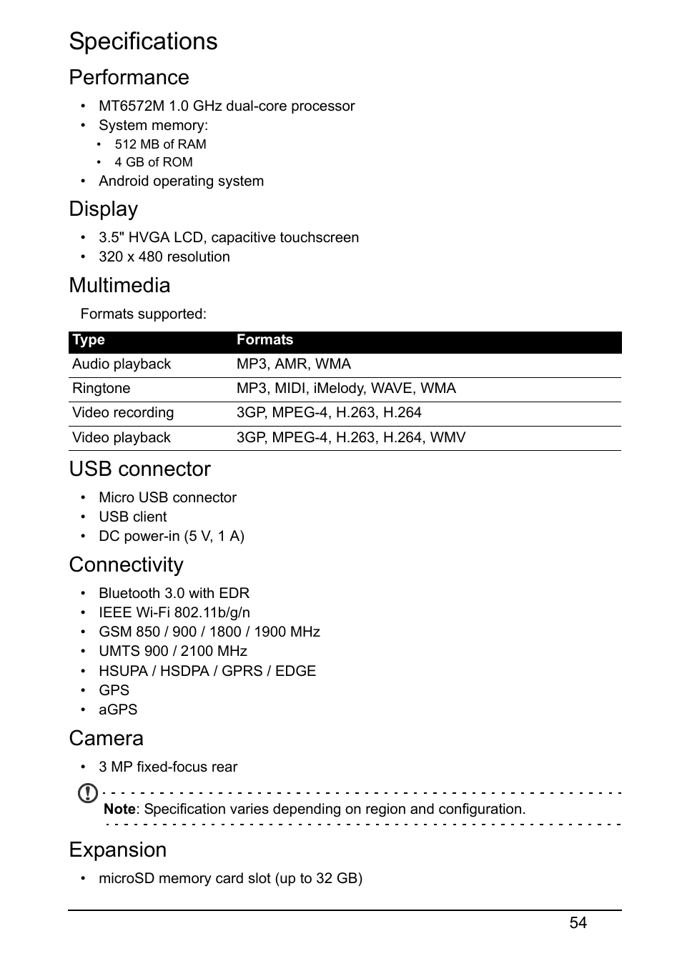 Specifications, Performance, Display | Multimedia, Usb connector, Connectivity, Camera, Expansion | Acer Z130 User Manual | Page 54 / 65