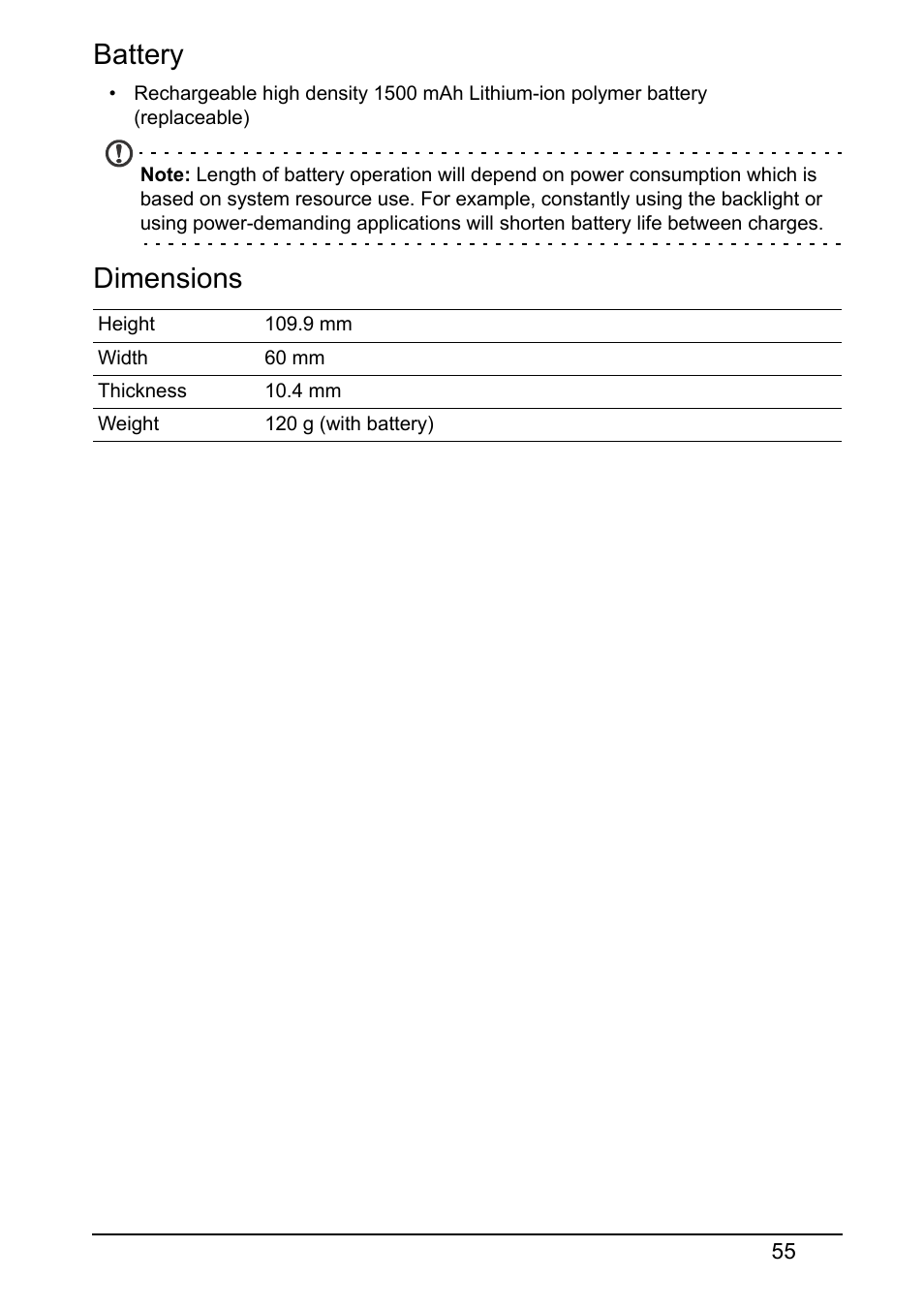 Battery, Dimensions | Acer Z130 User Manual | Page 55 / 65