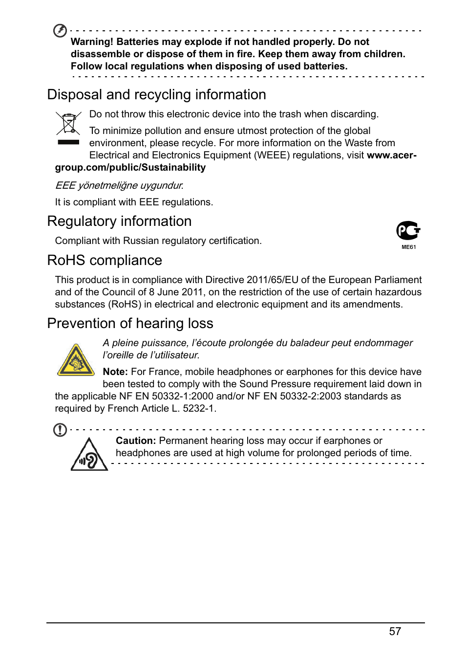 Disposal and recycling information, Regulatory information, Rohs compliance | Prevention of hearing loss | Acer Z130 User Manual | Page 57 / 65