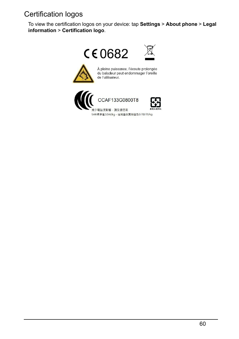 Certification logos | Acer Z130 User Manual | Page 60 / 65