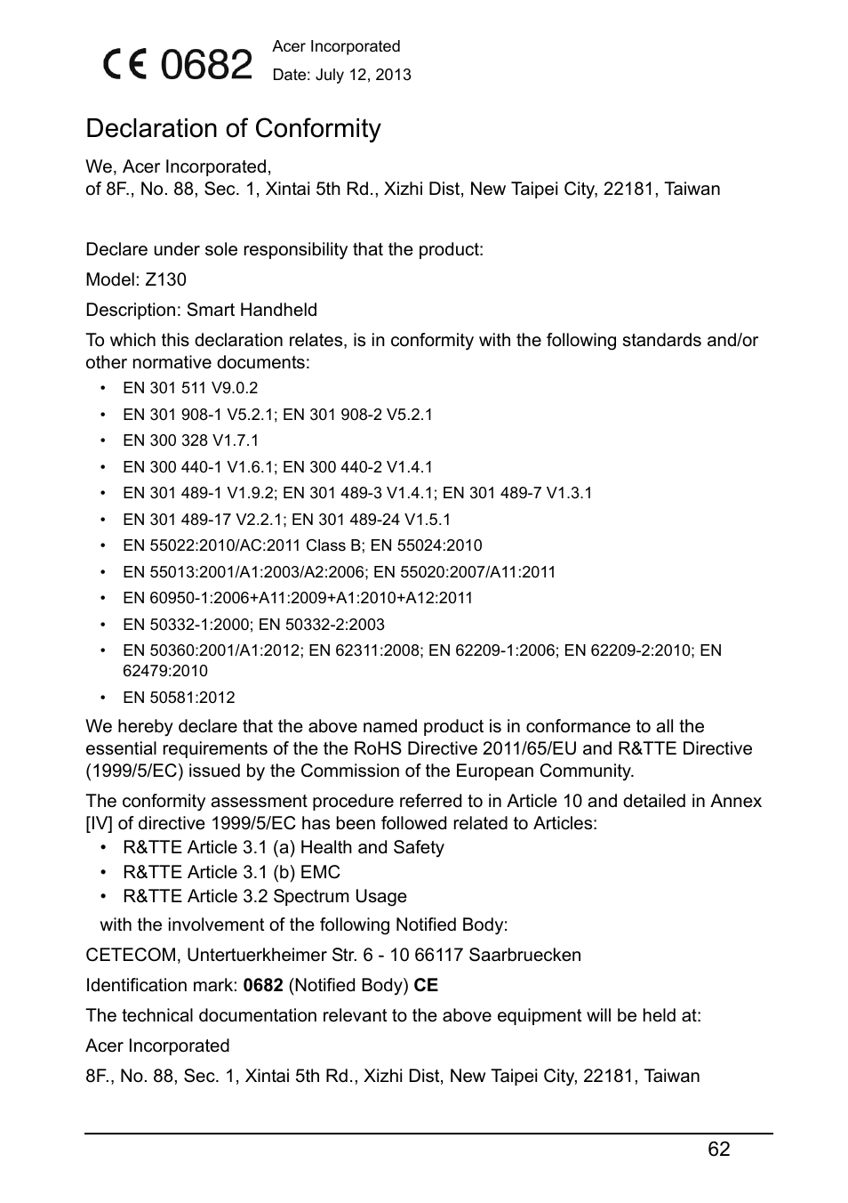 Declaration of conformity | Acer Z130 User Manual | Page 62 / 65