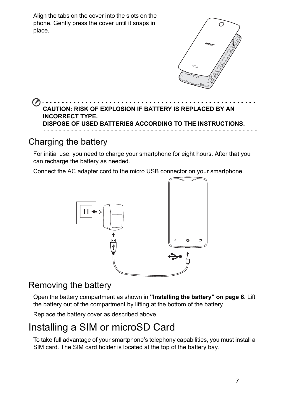 Charging the battery, Removing the battery, Installing a sim or microsd card | Acer Z130 User Manual | Page 7 / 65