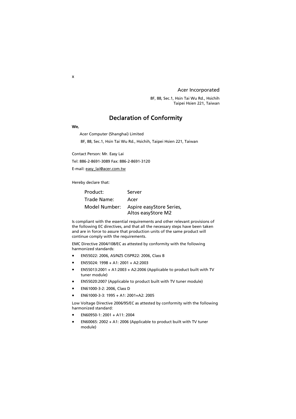 Declaration of conformity | Acer easyStore H342 User Manual | Page 10 / 148