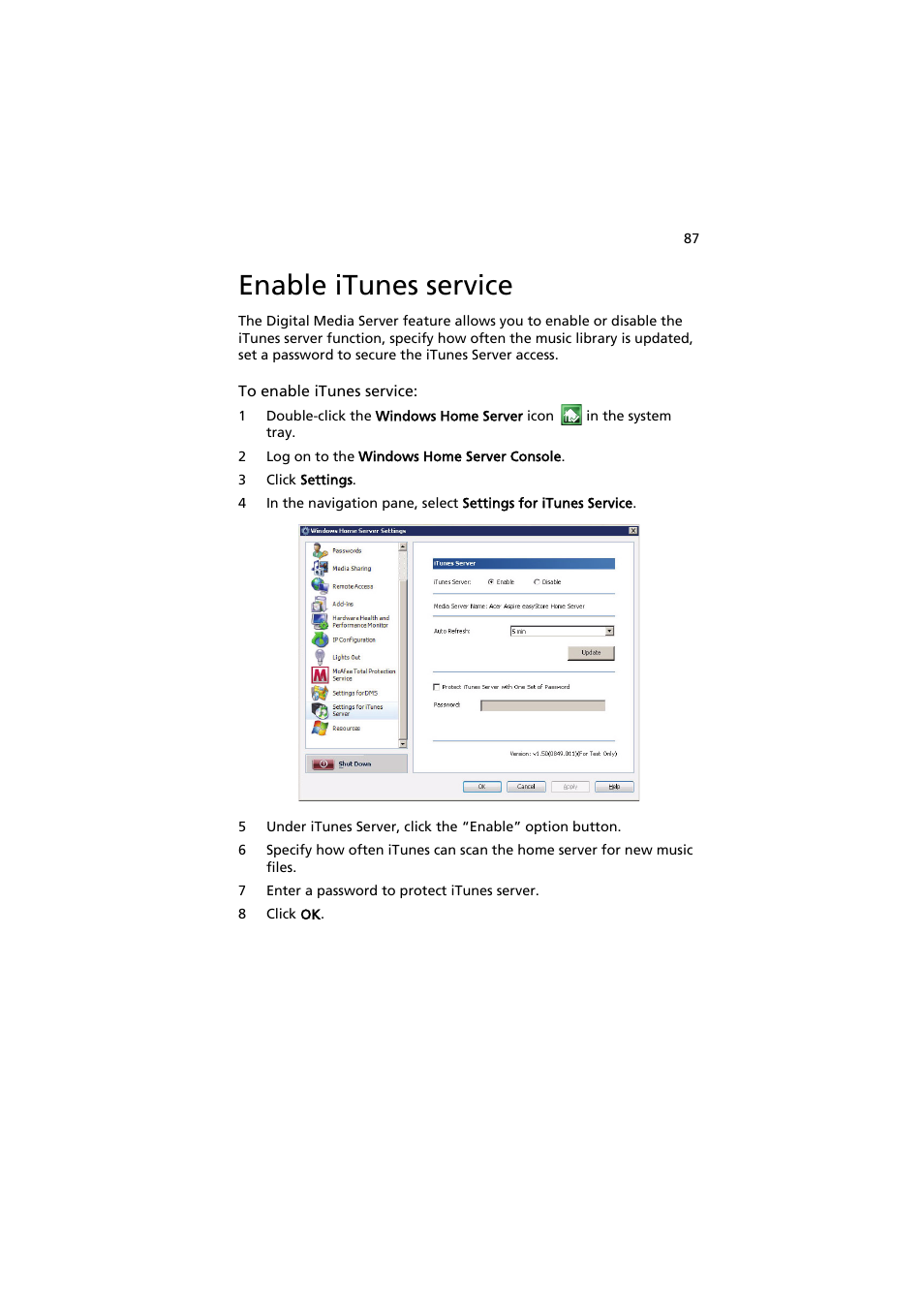 Enable itunes service | Acer easyStore H342 User Manual | Page 101 / 148