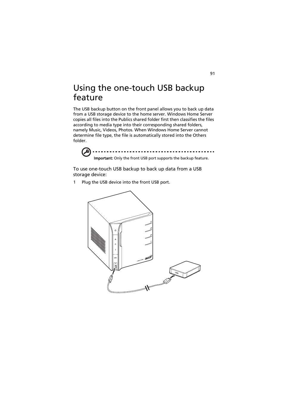 Using the one-touch usb backup feature | Acer easyStore H342 User Manual | Page 105 / 148