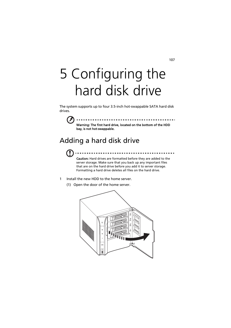 5 configuring the hard disk drive, Adding a hard disk drive | Acer easyStore H342 User Manual | Page 121 / 148